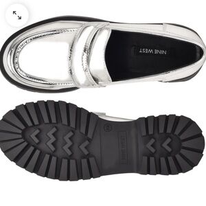 New Nine West Lug Sole SILVER Metallic Loafers